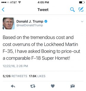 President-elect Trump's latest tweet regarding new Navy jet hits close to home